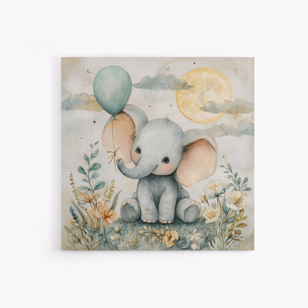 Sleepy Baby Elephant Holding a Tiny Balloon Canvas Print, Nursery Art, Wall Art, Nursery Decor, Oil Painting, Nursery, NUR-1x1-97