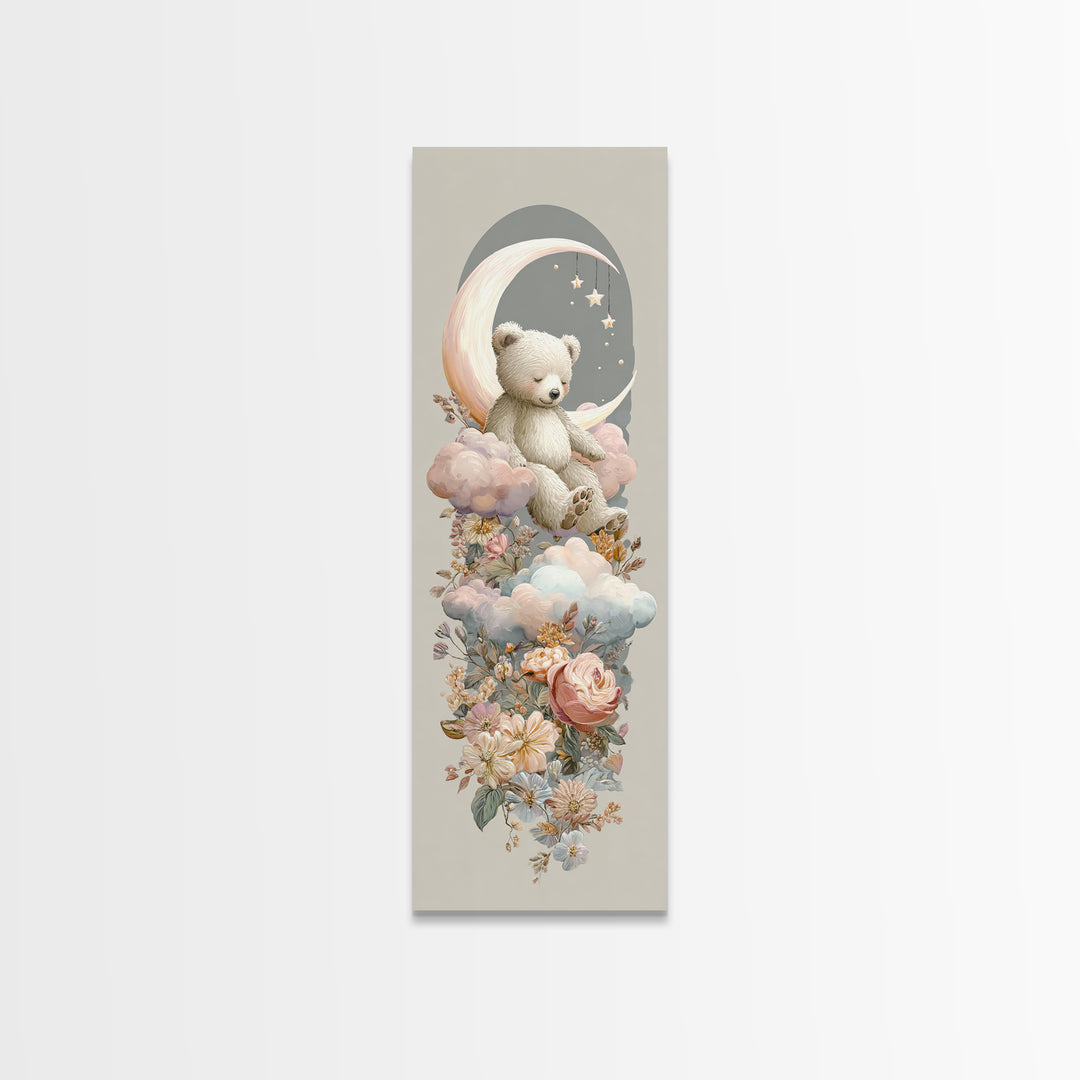 Baby Bear Floating on a Crescent Moon Canvas Print, Nursery Art, Dinosaur Wall Art, Nursery Decor, Fine Art, Nursery, NUR-1x3-18