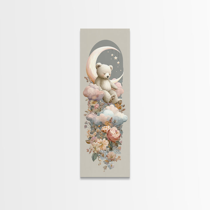Baby Bear Floating on a Crescent Moon Canvas Print, Nursery Art, Dinosaur Wall Art, Nursery Decor, Fine Art, Nursery, NUR-1x3-18