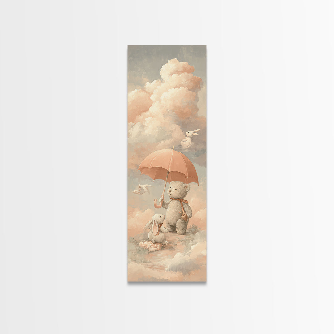 Bear and Rabbit Sharing Umbrella Framed Canvas Print, Nursery Art, Neutral Decor, Nursery Decor, Fine Art, Nursery, Wall Decor, NUR-1x3-29