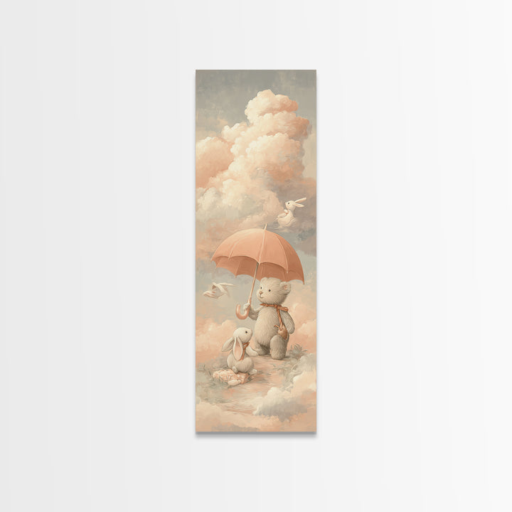 Bear and Rabbit Sharing Umbrella Framed Canvas Print, Nursery Art, Neutral Decor, Nursery Decor, Fine Art, Nursery, Wall Decor, NUR-1x3-29