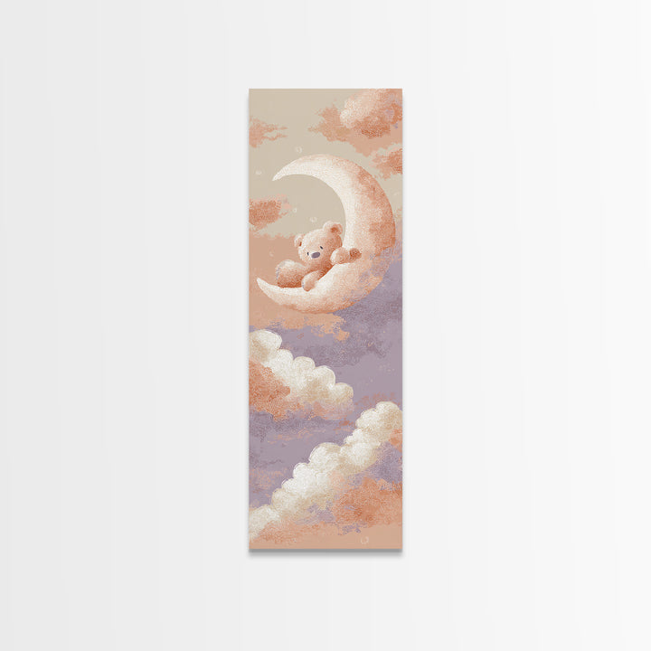 Baby Bear Floating on a Crescent Moon Canvas Print, Nursery Art, Dinosaur Wall Art, Nursery Decor, Fine Art, Nursery, NUR-1x3-42