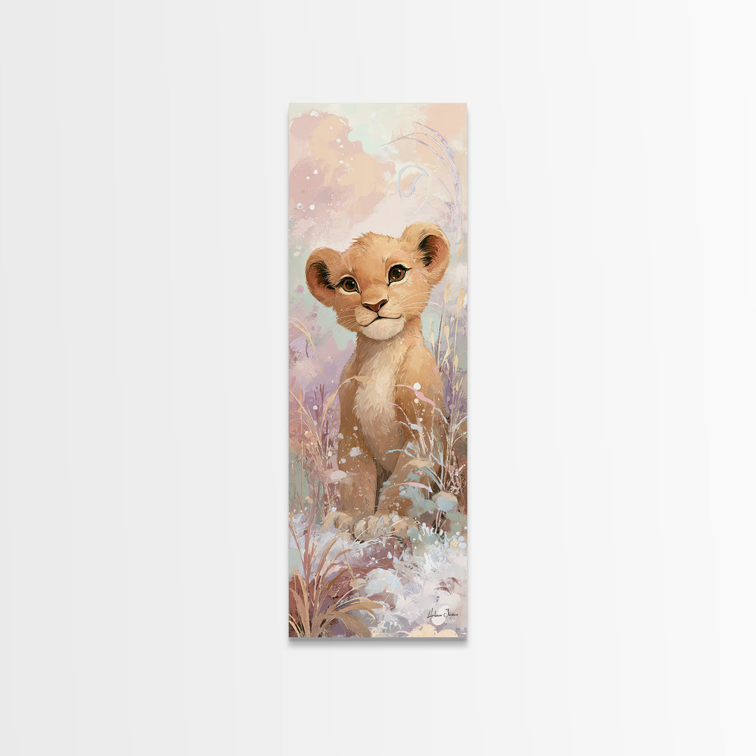 Lion Cub with Soft Golden Mane Framed Canvas Print, Nursery Art, Boho Decor, Nursery Decor, Oil Painting, Nursery, NUR-1x3-45
