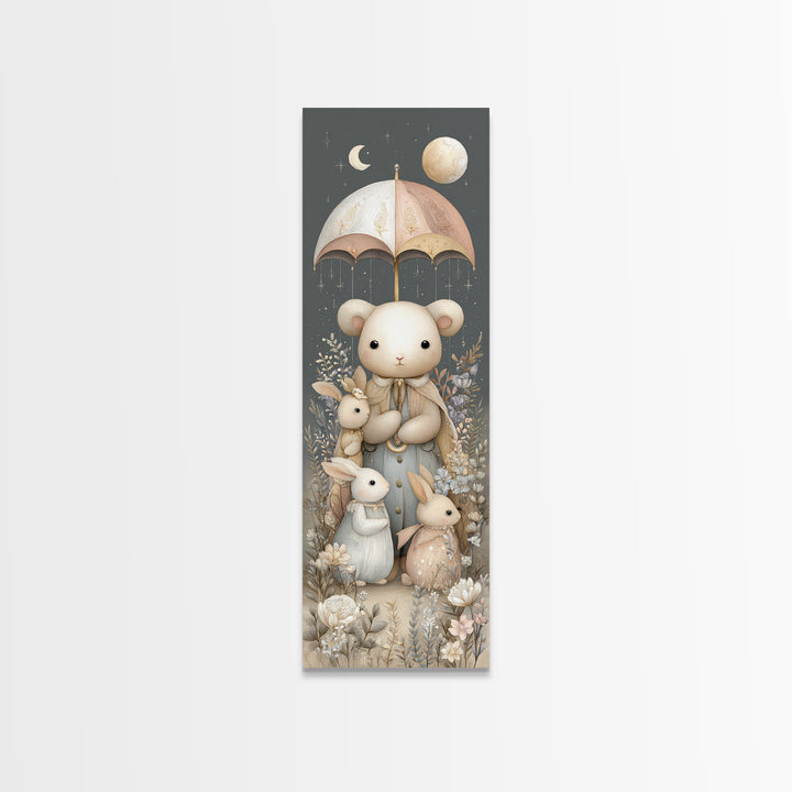 Bear and Rabbit Sharing Umbrella Canvas Print, Nursery Art, Dinosaur Wall Art, Nursery Decor, Fine Art, Nursery, Room Decor, NUR-1x3-5