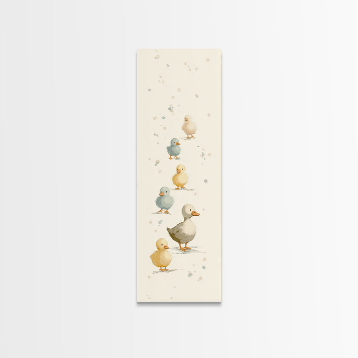 Ducklings Following a Mother Duck Framed Canvas Print, Nursery Art, Woodland Nursery Art, Nursery Decor, Oil Painting, Nursery, NUR-1x3-50