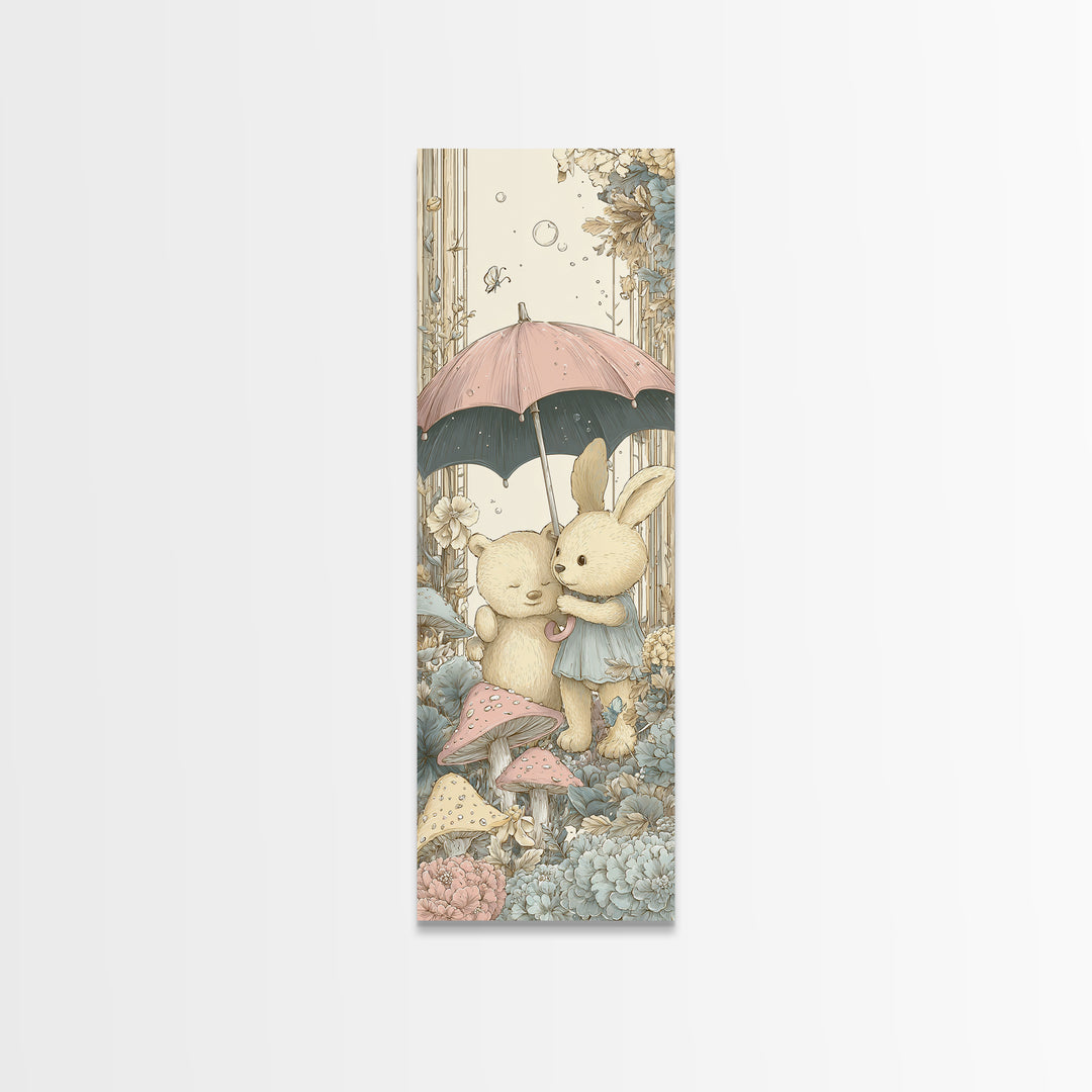 Bear and Rabbit Sharing Umbrella Framed Canvas Print, Nursery Art, Neutral Decor, Nursery Decor, Fine Art, Nursery, Wall Decor, NUR-1x3-53
