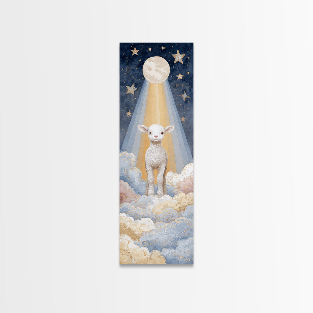 Little Lamb under a Starry Sky Canvas Print, Nursery Art, Nursery Wall Decor, Nursery Decor, Oil Painting, Nursery, NUR-1x3-55