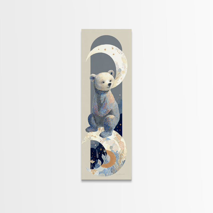 Baby Bear Floating on a Crescent Moon Canvas Print, Nursery Art, Luxury Decor, Nursery Decor, Oil Painting, Nursery, NUR-1x3-90