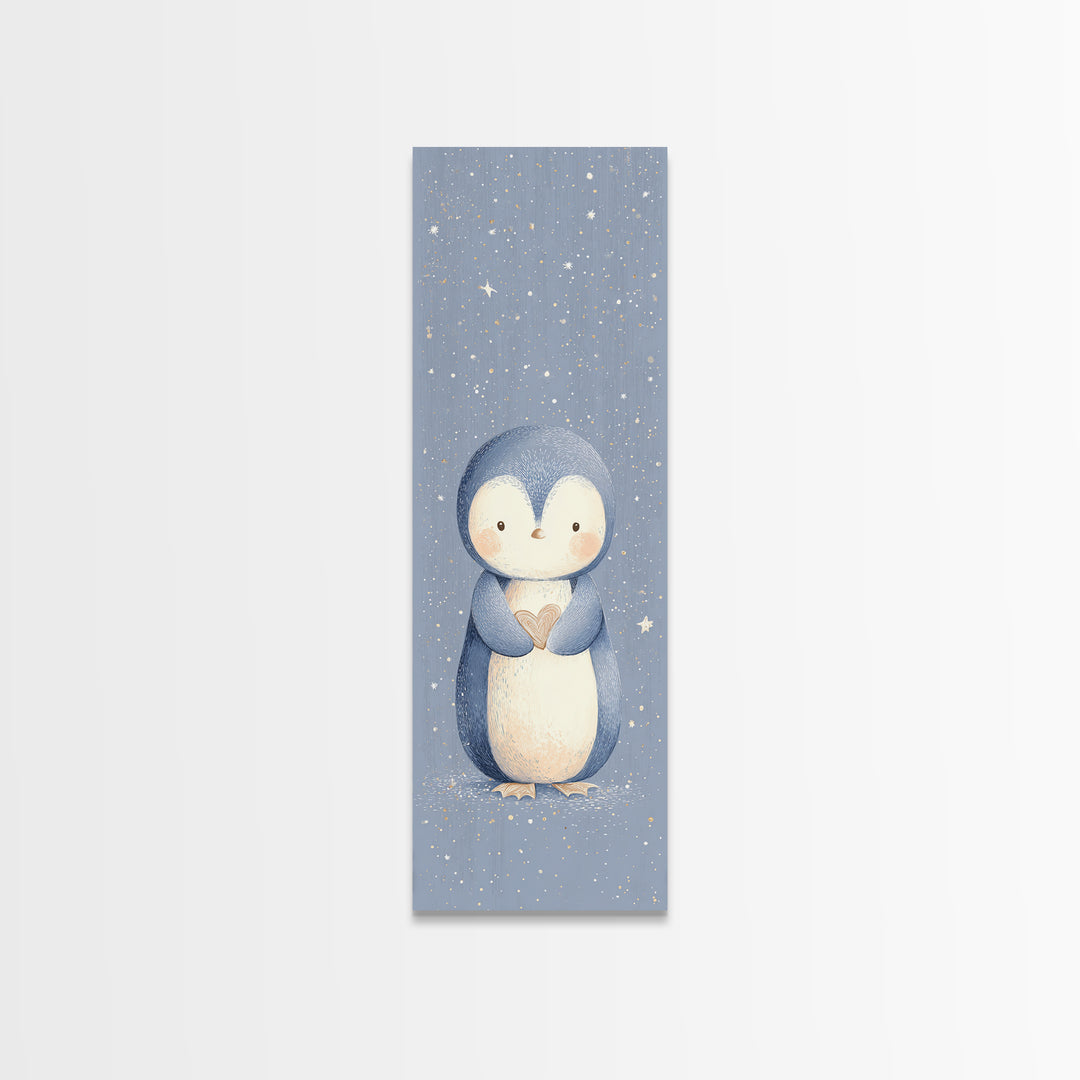 Penguin Holding a Little Heart Shape Canvas Print, Nursery Art, Modern Decor, Nursery Decor, Abstract Art, Nursery, Art Print, NUR-1x3-94