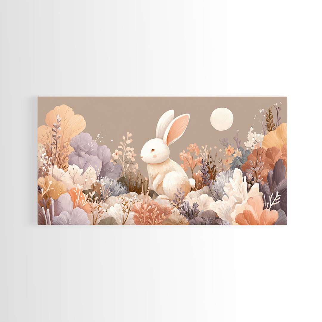 Soft Bunny in a Wildflower Meadow Framed Canvas Print, Nursery Art, Wall Decor, Nursery Decor, Oil Painting, Nursery, NUR-2x1-1
