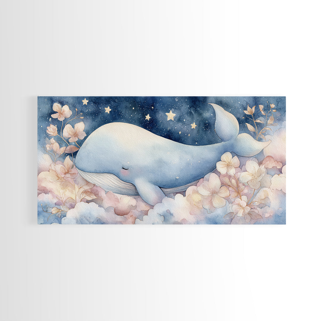 Whale and Tiny Stars Framed Canvas Print, Nursery Art, Playroom Wall Decor, Nursery Decor, Fine Art, Nursery, Modern Decor, NUR-2x1-100