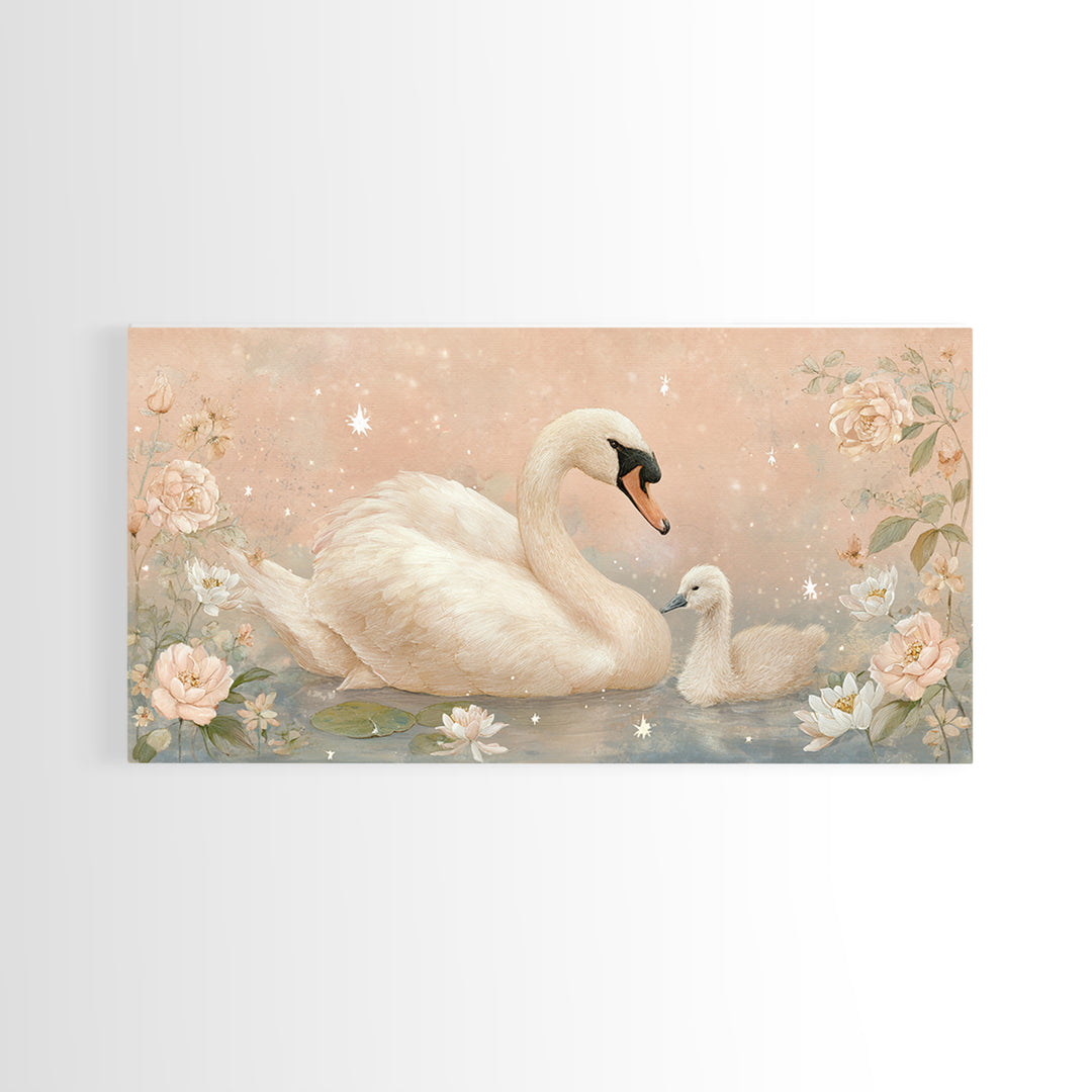 Swan and Cygnet Framed Canvas Print, Nursery Art, Luxury Decor, Nursery Decor, Nursery, Nursery Wall Art, Printable Art, NUR-2x1-12