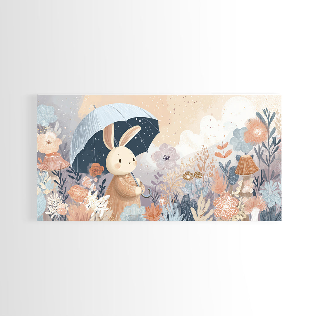 Bear and Rabbit Sharing Umbrella Framed Canvas Print, Nursery Art, Minimalist Decor, Nursery Decor, Fine Art, Nursery, NUR-2x1-13