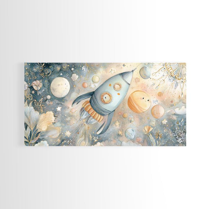 Rocket Ship and Smiling Planets Canvas Print, Nursery Art, Contemporary Art, Nursery Decor, Fine Art, Nursery, Nursery Prints, NUR-2x1-17
