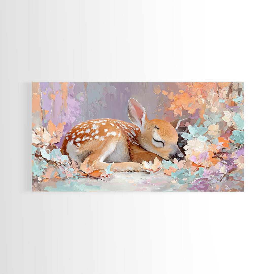 Deer Fawn Sleeping Framed Canvas Print, Nursery Art, Kids Room Wall Art, Nursery Decor, Fine Art, Nursery, Luxury Decor, NUR-2x1-19