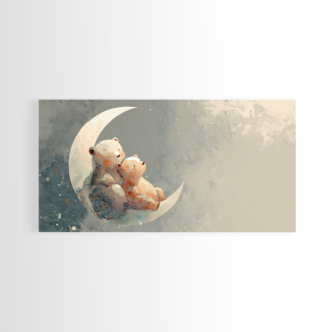 Baby Bear Floating on a Crescent Moon Canvas Print, Nursery Art, Boho Decor, Nursery Decor, Abstract Art, Nursery, NUR-2x1-2