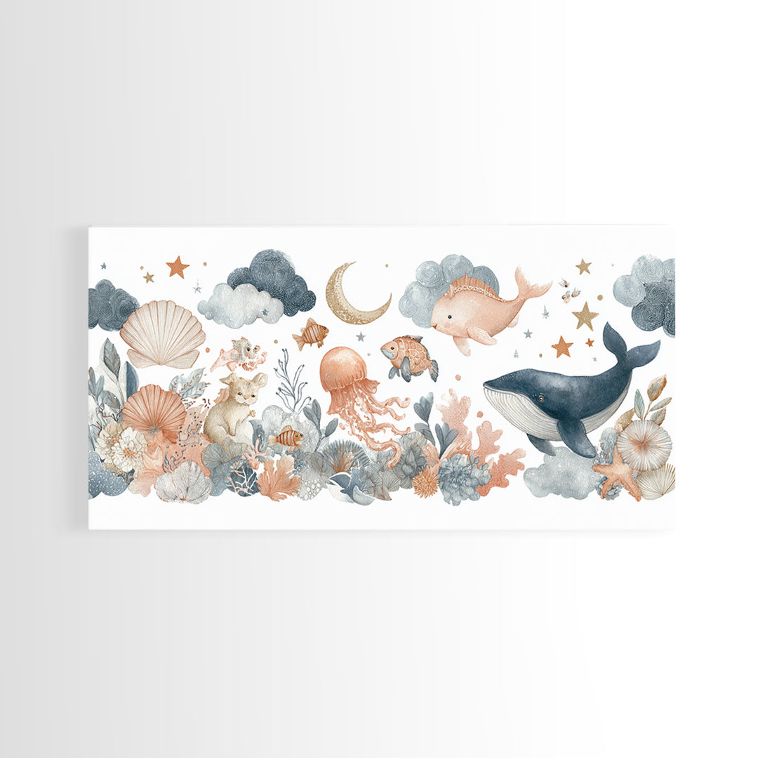 Friendly Ocean Creatures Framed Canvas Print, Nursery Art, Fine Art Print, Nursery Decor, Watercolor Art, Nursery, Digital Art, NUR-2x1-20