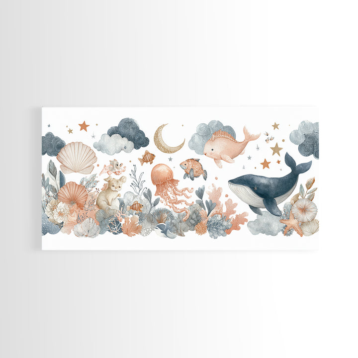 Friendly Ocean Creatures Framed Canvas Print, Nursery Art, Fine Art Print, Nursery Decor, Watercolor Art, Nursery, Digital Art, NUR-2x1-20