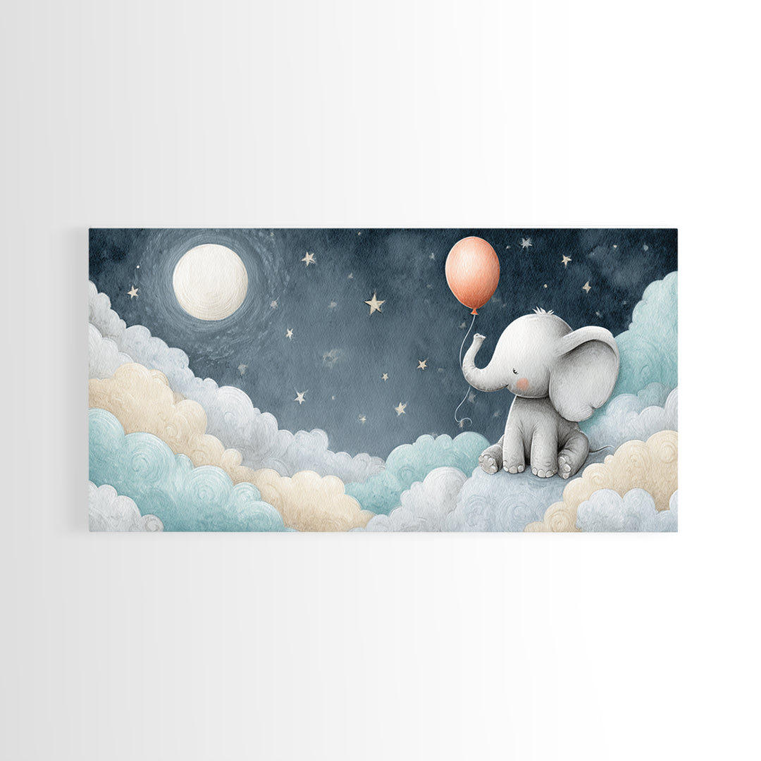 Sleepy Baby Elephant Holding a Tiny Balloon Canvas Print, Nursery Art, Wall Art, Nursery Decor, Oil Painting, Nursery, NUR-2x1-21