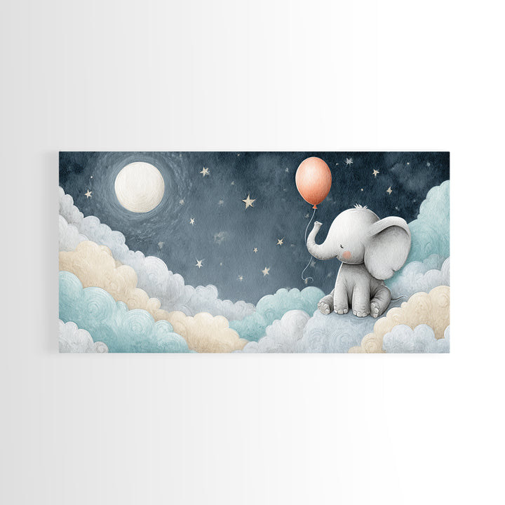 Sleepy Baby Elephant Holding a Tiny Balloon Canvas Print, Nursery Art, Wall Art, Nursery Decor, Oil Painting, Nursery, NUR-2x1-21