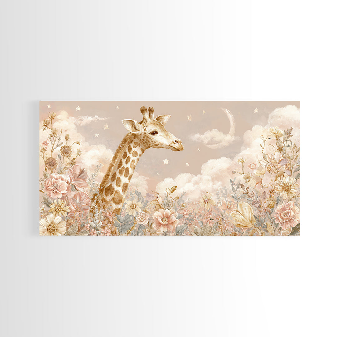 Gentle Giraffe with Pastel Flowers Canvas Print, Nursery Art, Statement Artwork, Nursery Decor, Fine Art, Nursery, NUR-2x1-22