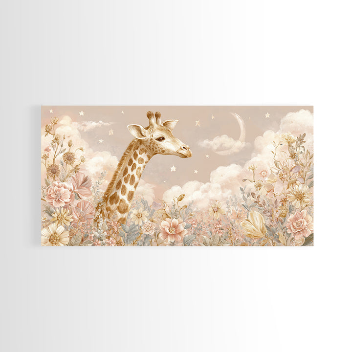 Gentle Giraffe with Pastel Flowers Canvas Print, Nursery Art, Statement Artwork, Nursery Decor, Fine Art, Nursery, NUR-2x1-22