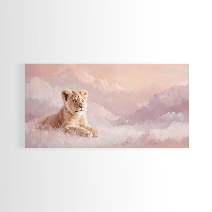 Lion Cub with Soft Golden Mane Framed Canvas Print, Nursery Art, Nursery Decor, Watercolor Art, Nursery 129, Wall Art Set of, NUR-2x1-29