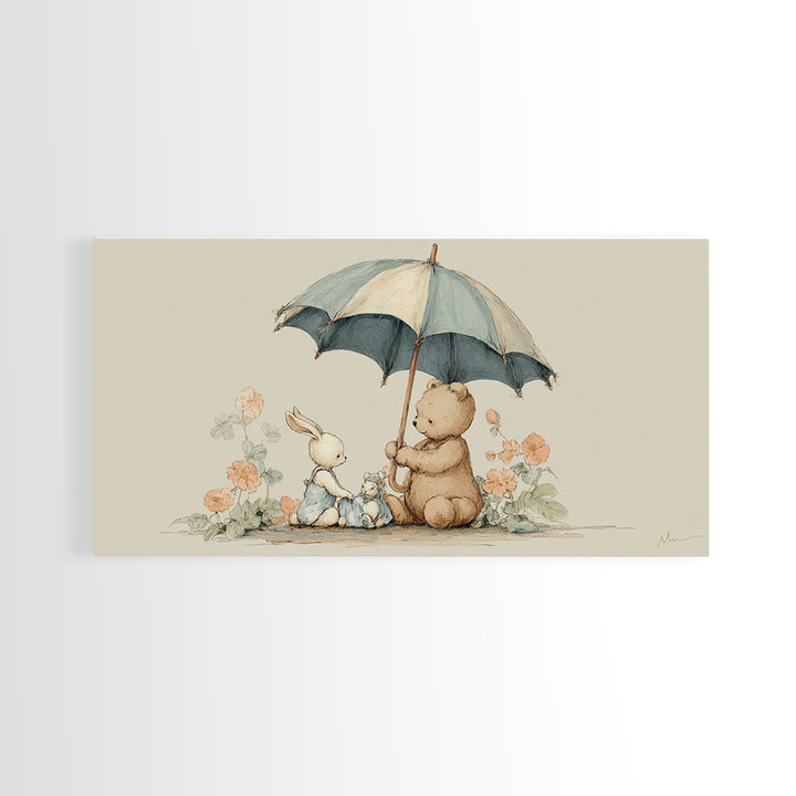 Bear and Rabbit Sharing Umbrella Framed Canvas Print, Nursery Art, Minimalist Decor, Nursery Decor, Fine Art, Nursery, NUR-2x1-37