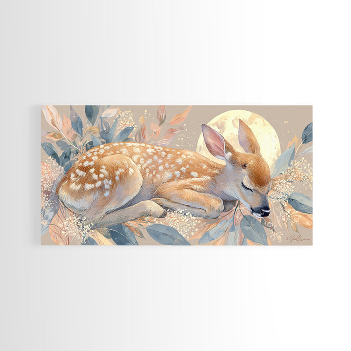 Deer Fawn Sleeping Framed Canvas Print, Nursery Art, Wall Hangings, Nursery Decor, Fine Art, Nursery, Digital Download Art, NUR-2x1-43