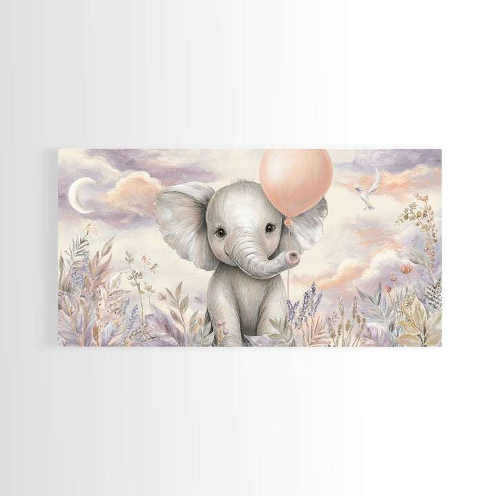 Sleepy Baby Elephant Holding a Tiny Balloon Framed Canvas Print, Nursery Art, Nursery Decor, Fine Art, Nursery, Kids Wall Art, NUR-2x1-45