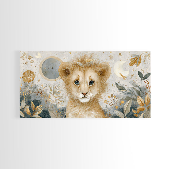 Lion Cub with Soft Golden Mane Framed Canvas Print, Nursery Art, Nursery Decor, Watercolor Art, Nursery 105, Wall Art Set of, NUR-2x1-5