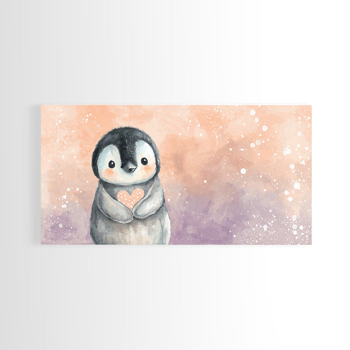Penguin Holding a Little Heart Shape Canvas Print, Nursery Art, Contemporary Art, Nursery Decor, Abstract Art, Nursery, NUR-2x1-54