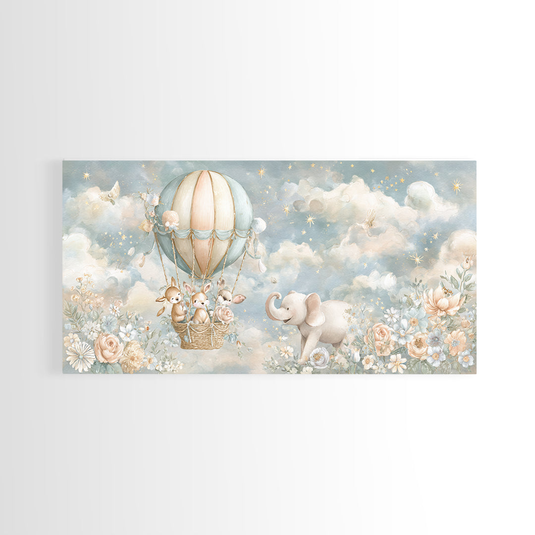 Floating Hot Air Balloon Framed Canvas Print, Nursery Art, Wall Hangings, Nursery Decor, Nursery, Digital Download Art, NUR-2x1-56