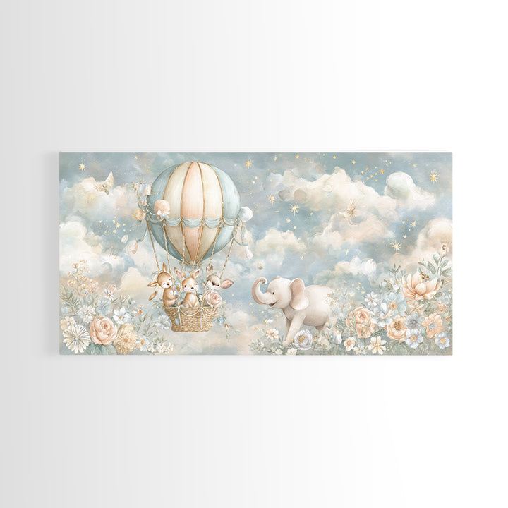Floating Hot Air Balloon Framed Canvas Print, Nursery Art, Wall Hangings, Nursery Decor, Nursery, Digital Download Art, NUR-2x1-56