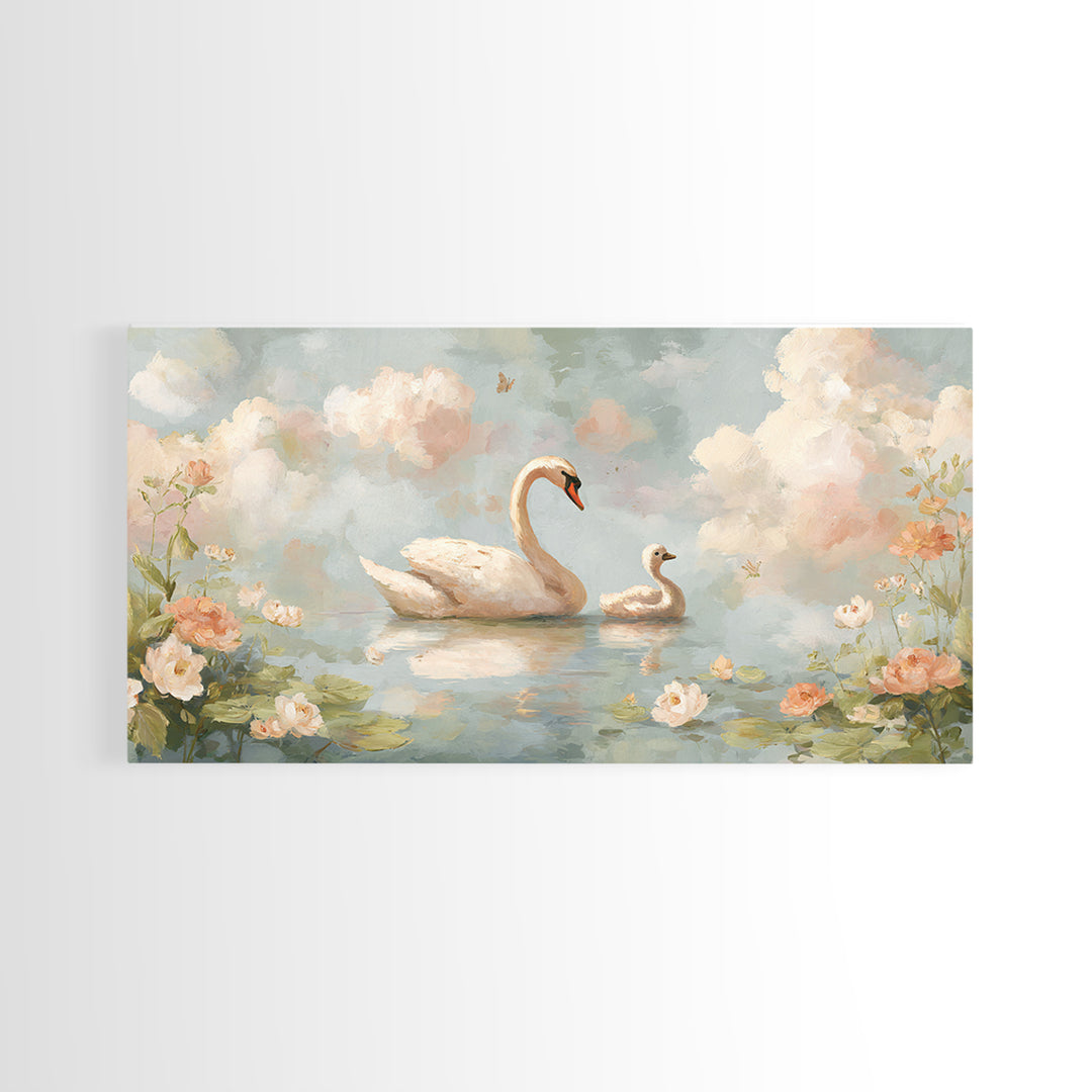 Swan and Cygnet Framed Canvas Print, Nursery Art, Nursery Decor, Oil Painting, Nursery, Kids Wall Art, Woodland Nursery, NUR-2x1-60