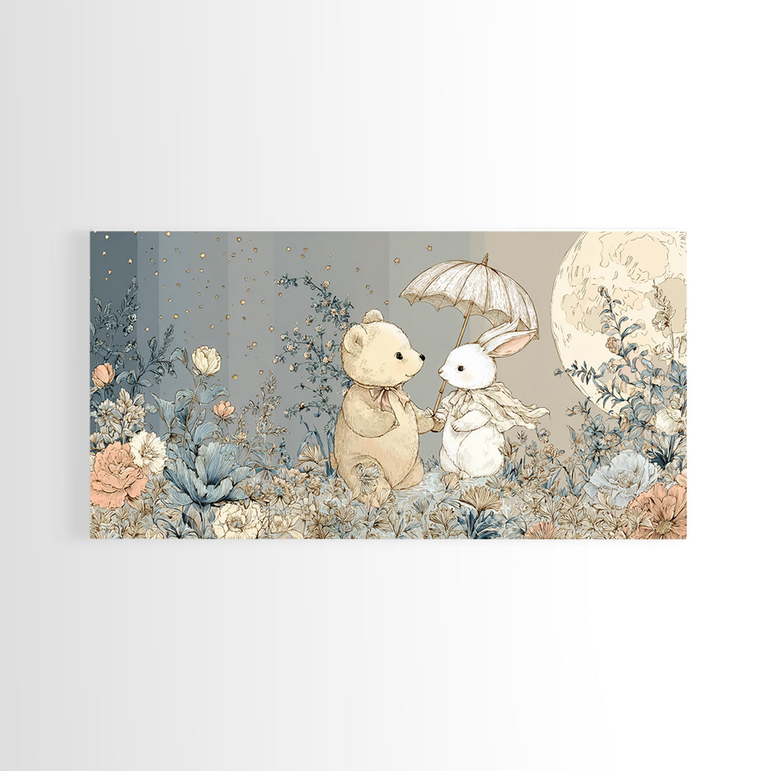 Bear and Rabbit Sharing Umbrella Canvas Print, Nursery Art, Printable Wall Art, Nursery Decor, Nursery, Butterfly Wall Art, NUR-2x1-61