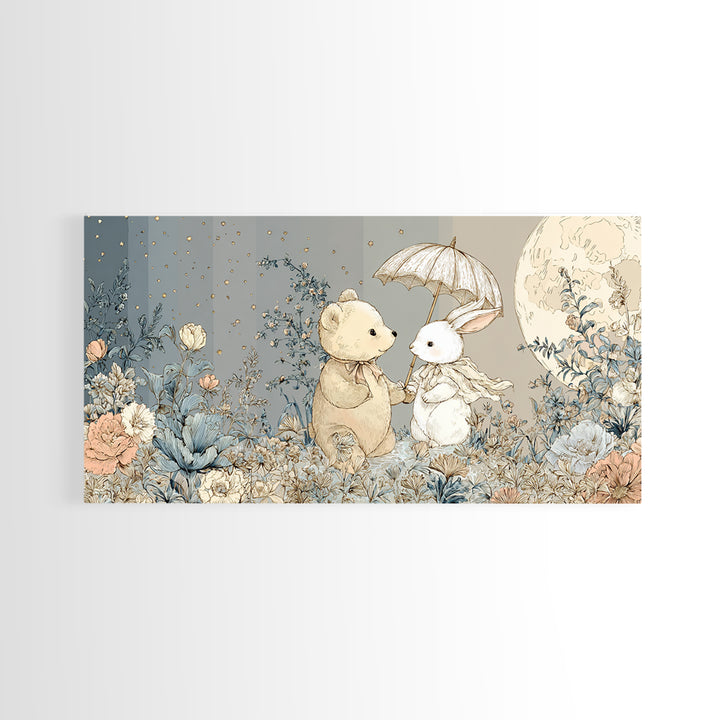 Bear and Rabbit Sharing Umbrella Canvas Print, Nursery Art, Printable Wall Art, Nursery Decor, Nursery, Butterfly Wall Art, NUR-2x1-61