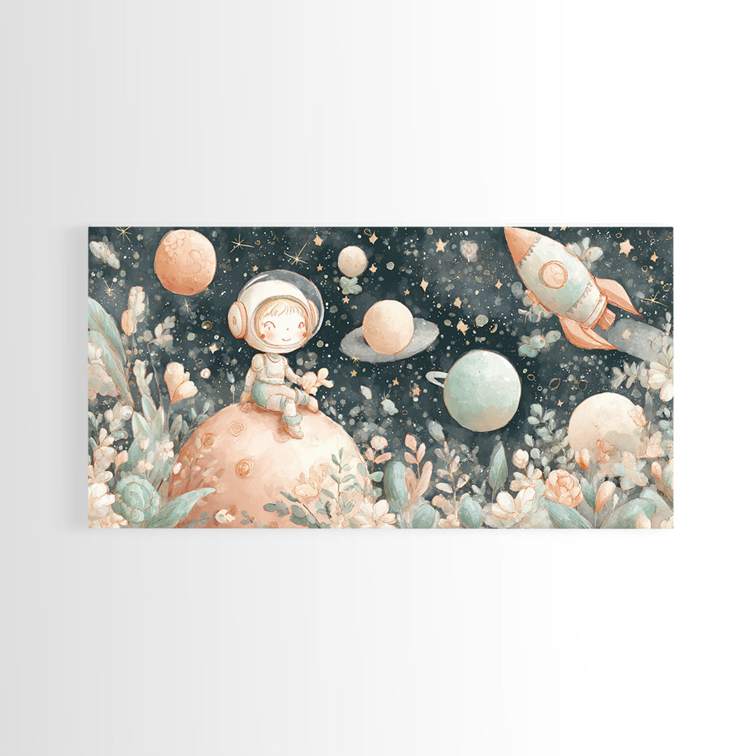Rocket Ship and Smiling Planets Framed Canvas Print, Nursery Art, Wall Hangings, Nursery Decor, Abstract Art, Nursery, NUR-2x1-65