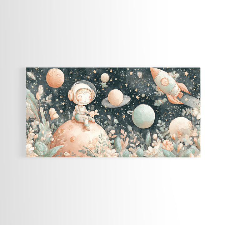 Rocket Ship and Smiling Planets Framed Canvas Print, Nursery Art, Wall Hangings, Nursery Decor, Abstract Art, Nursery, NUR-2x1-65