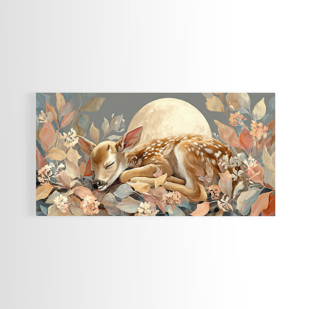 Deer Fawn Sleeping Framed Canvas Print, Nursery Art, Kids Room Art, Nursery Decor, Fine Art, Nursery, Textured Painting, NUR-2x1-67