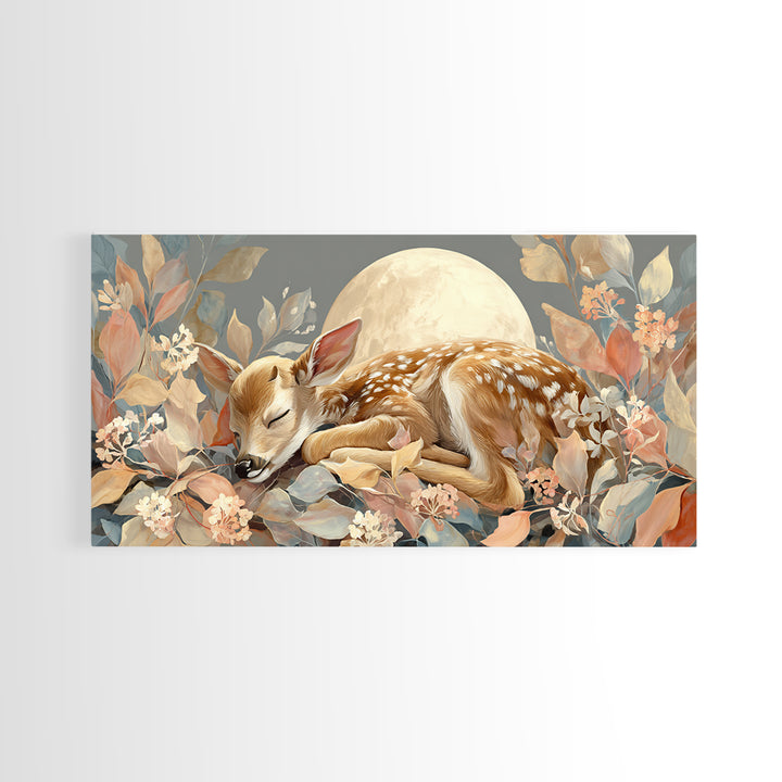 Deer Fawn Sleeping Framed Canvas Print, Nursery Art, Kids Room Art, Nursery Decor, Fine Art, Nursery, Textured Painting, NUR-2x1-67