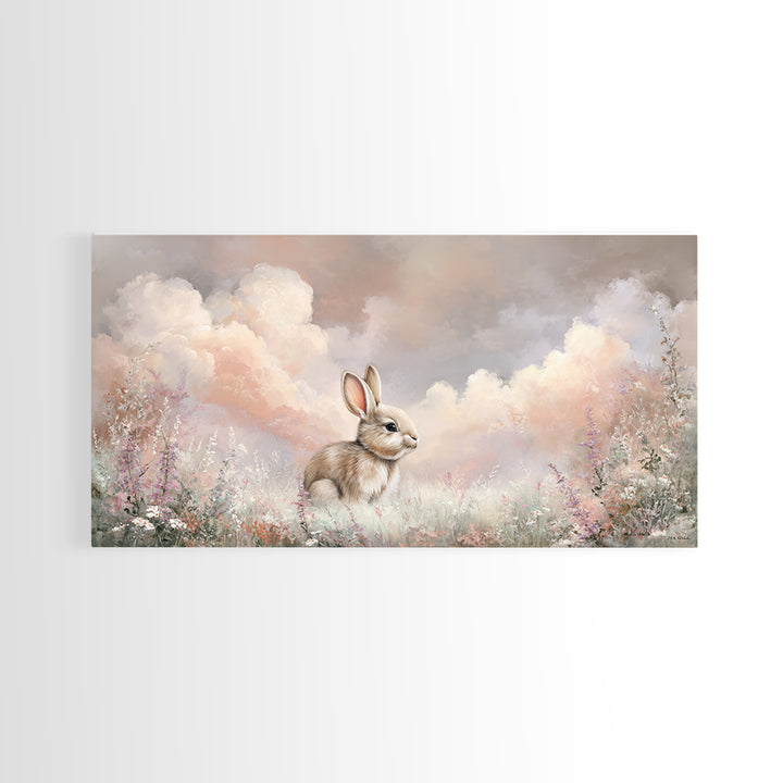 Soft Bunny in a Wildflower Meadow Canvas Print, Nursery Art, Nursery Wall Art, Nursery Decor, Watercolor Art, Nursery, NUR-2x1-73