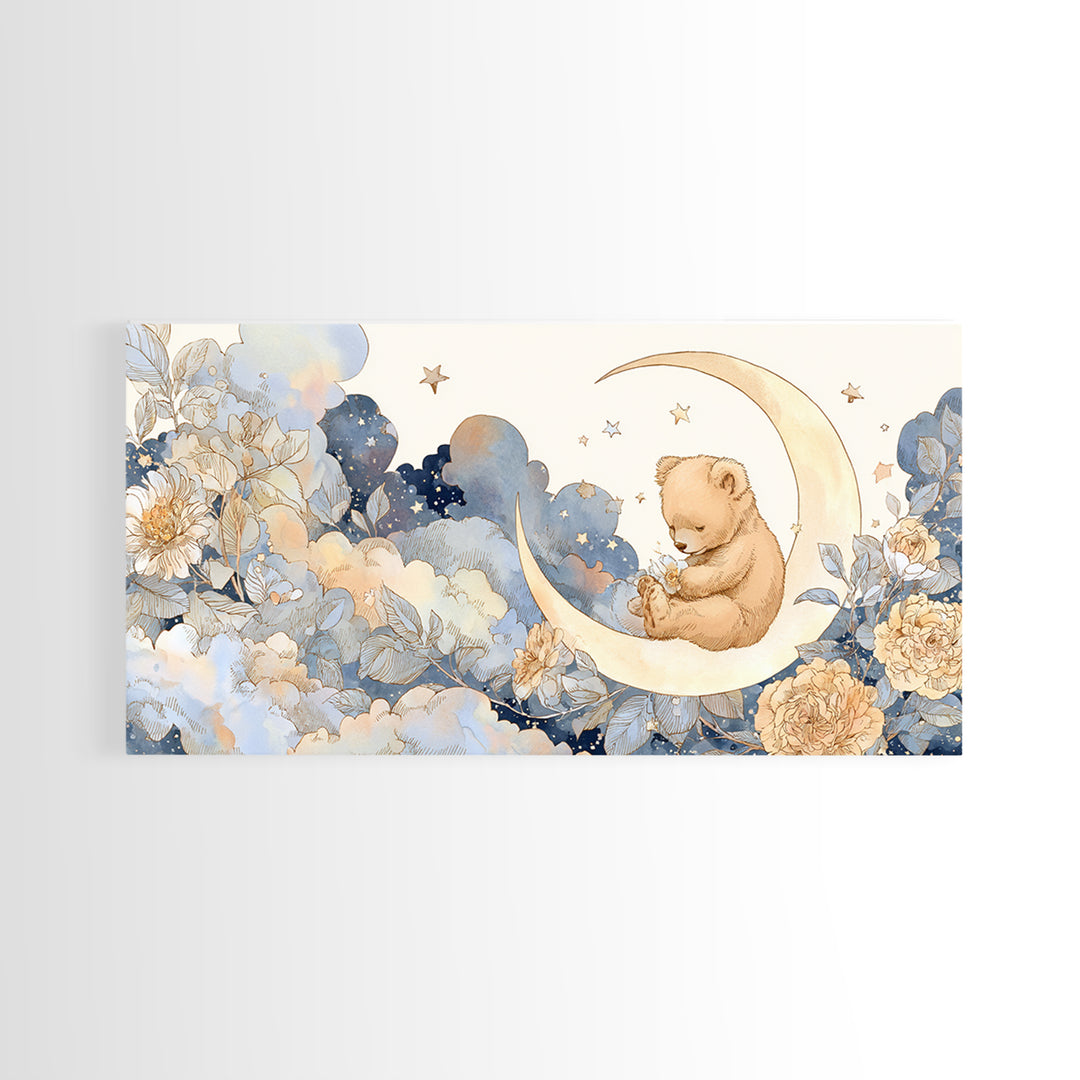 Baby Bear Floating on a Crescent Moon Canvas Print, Nursery Art, Printable Wall Art, Nursery Decor, Watercolor Art, Nursery, NUR-2x1-74