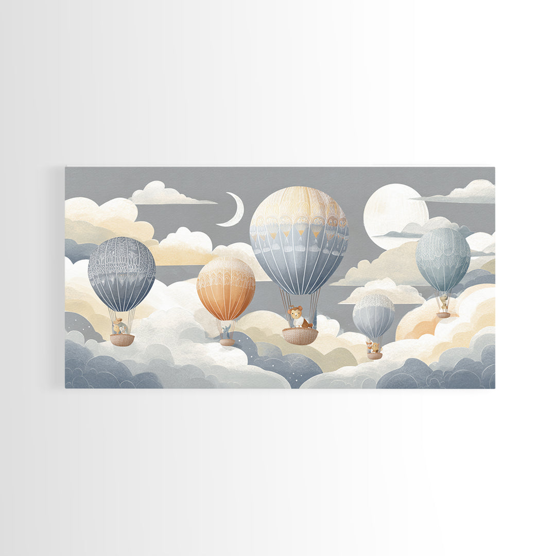 Floating Hot Air Balloon Framed Canvas Print, Nursery Art, Butterfly Wall Art, Nursery Decor, Nursery, Woodland Nursery Art, NUR-2x1-80
