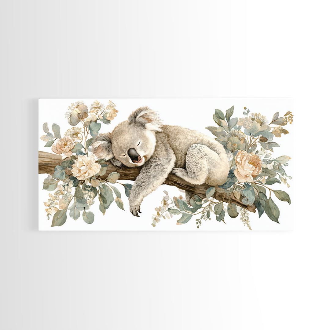 Sleeping Koala on Eucalyptus Branch Framed Canvas Print, Nursery Art, Nursery, Nursery Decor, Nursery, Playroom Wall Decor, NUR-2x1-81