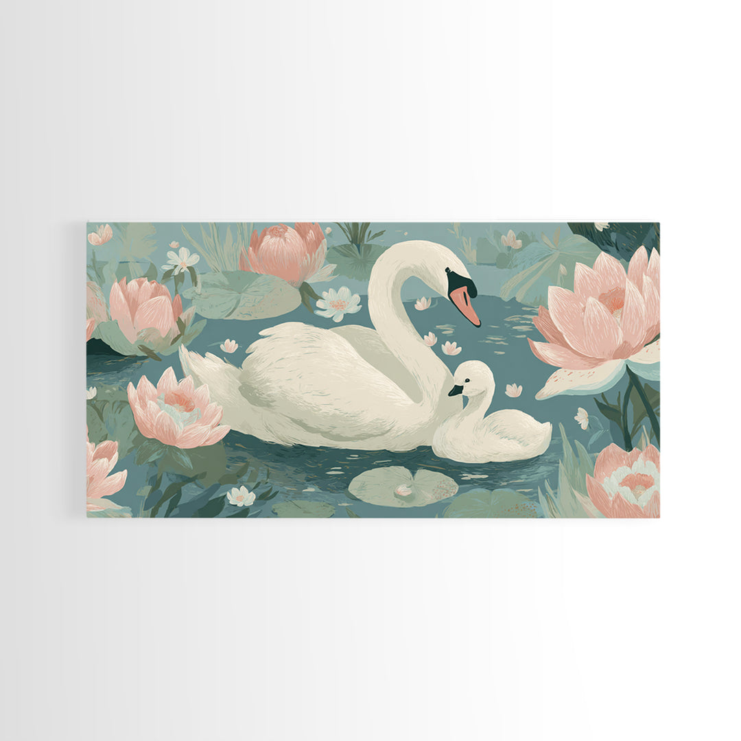 Swan and Cygnet Framed Canvas Print, Nursery Art, Digital Download Art, Nursery Decor, Fine Art, Nursery, Whimsical Wall Art, NUR-2x1-84