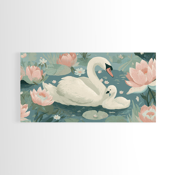 Swan and Cygnet Framed Canvas Print, Nursery Art, Digital Download Art, Nursery Decor, Fine Art, Nursery, Whimsical Wall Art, NUR-2x1-84