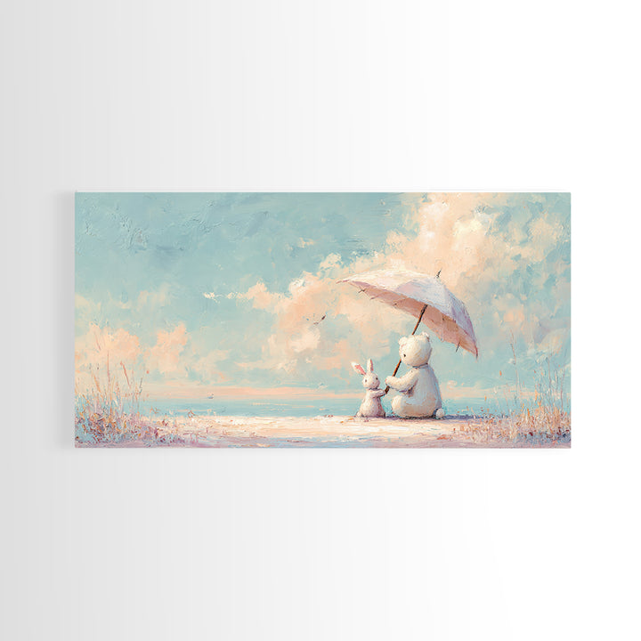 Bear and Rabbit Sharing Umbrella Framed Canvas Print, Nursery Art, Wall Art Print, Nursery Decor, Nursery, Baby Girl Nursery, NUR-2x1-85