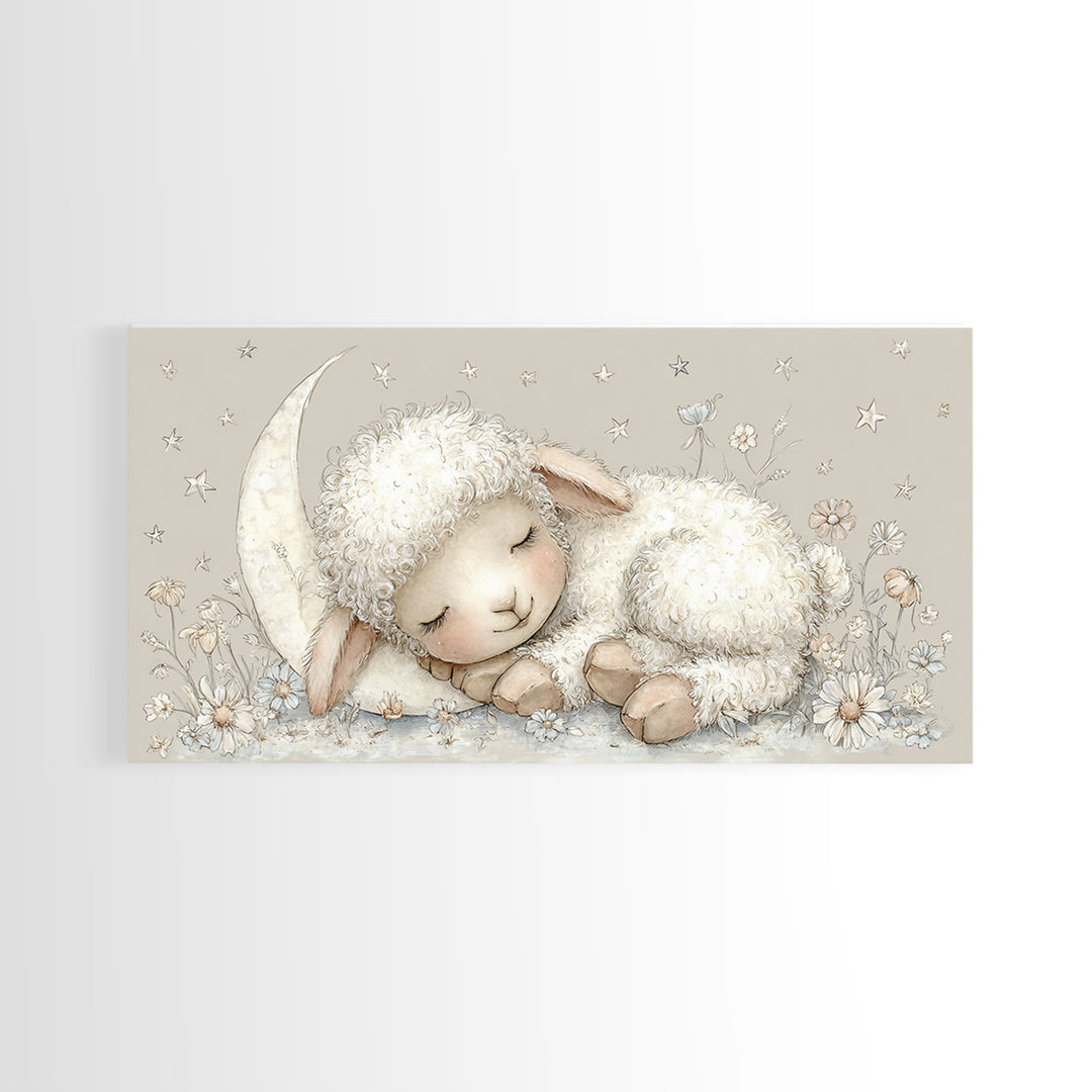 Little Lamb under a Starry Sky Framed Canvas Print, Nursery Art, Playroom Wall Decor, Nursery Decor, Fine Art, Nursery, NUR-2x1-87