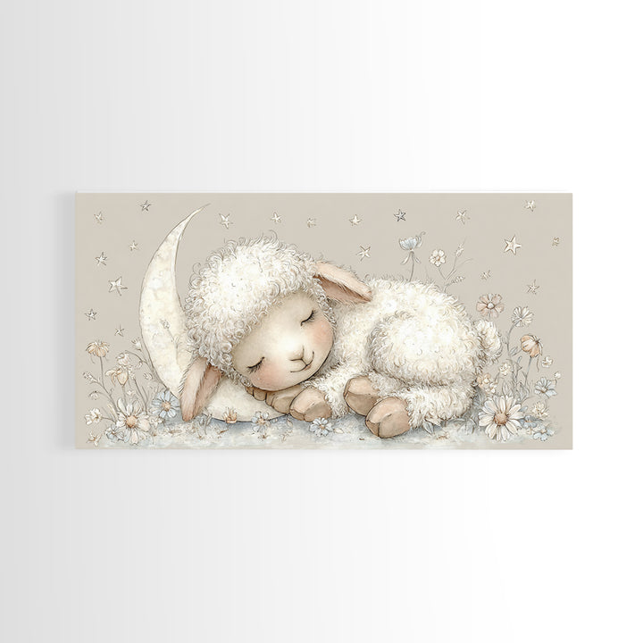Little Lamb under a Starry Sky Framed Canvas Print, Nursery Art, Playroom Wall Decor, Nursery Decor, Fine Art, Nursery, NUR-2x1-87